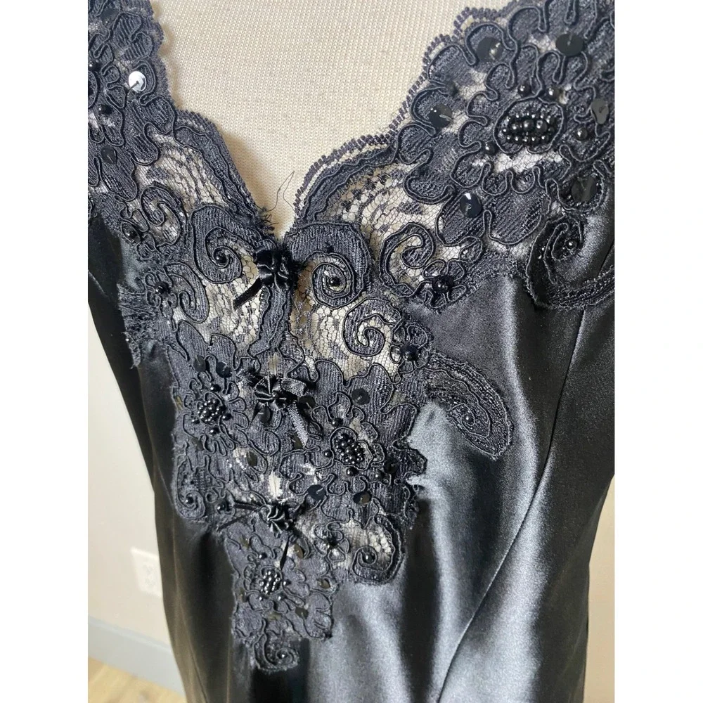 VTG Fredrick of Hollywood Black Satin Nightgown Slip Dress Maxi Lingerie Gown